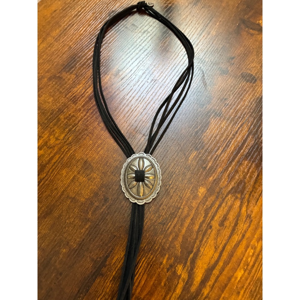 Western Silver Concho Bolo Tie Multi Strand Black Cord Cross Charm Necklace